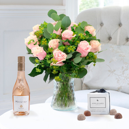 Luxury Pink Roses, Whispering Angel Half Bottle & 6 Mixed Truffles