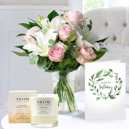 Simply Pink Rose & Lily, NEOM Happiness Candle (185g) & Happy Birthday Card
