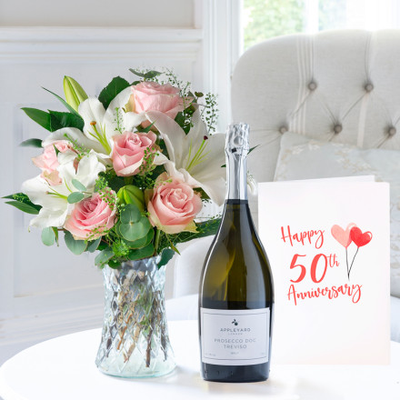 Simply Pink Rose & Lily, Appleyard Prosecco (75cl)  & 50th Anniversary Card