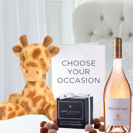 Keels Huggy Giraffe(17cm) , 12 Mixed Truffles, Whispering Angel Rosé (75cl) & Card