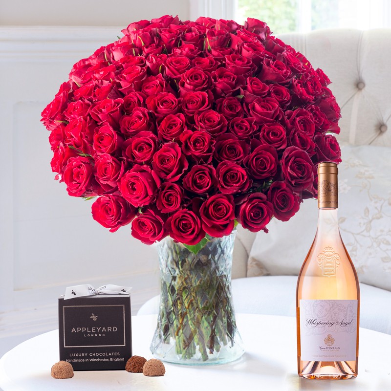 100 Luxury Red Roses, Whispering Angel & 12 Mixed Truffles