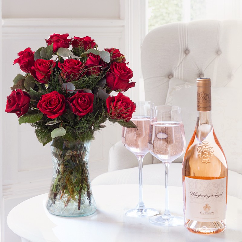 12 Large Headed Red Roses & Whispering Angel