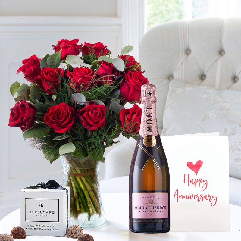 12 Large Headed Red Roses, Moët Rosé, Chocolates & Anniversary Card