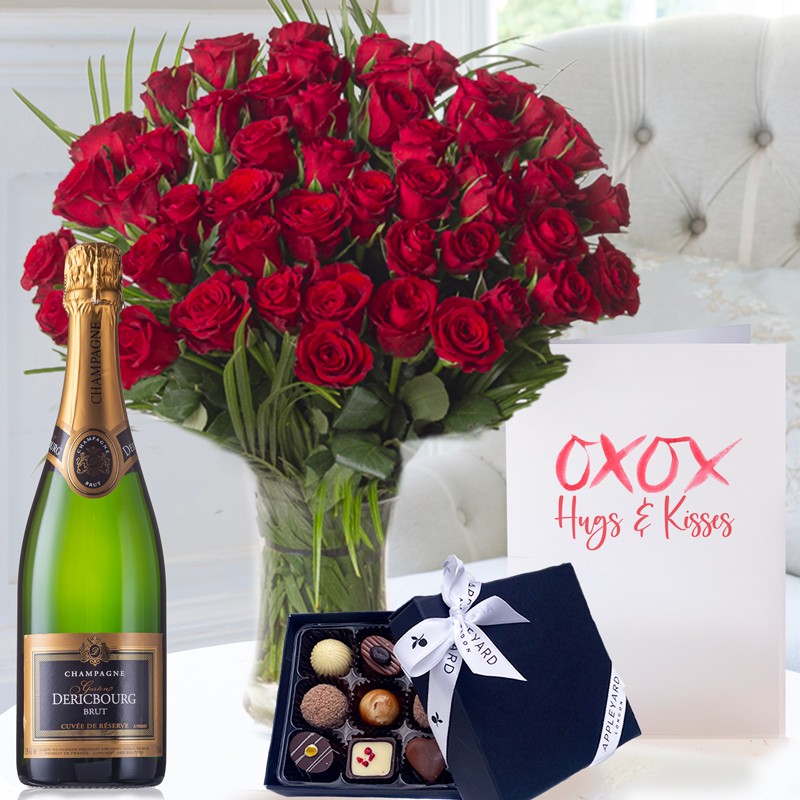 50 Luxury Red Roses, Champagne, Box of 9 Chocolates & Card