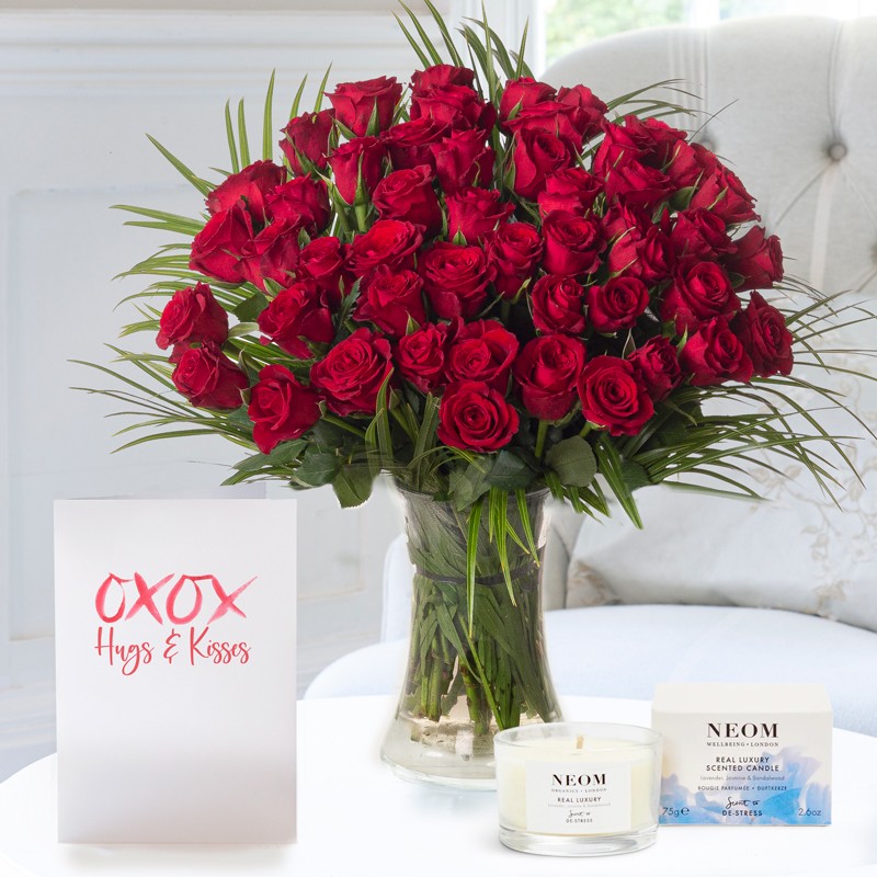 50 Luxury Red Roses, NEOM Real Luxury Candle (75g) & Romance Card