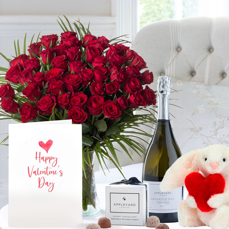 50 Valentine's Luxury Red Roses, Prosecco, Jellycat Bashful Love Heart Bunny, 6 Mixed Truffles & Valentine's Card