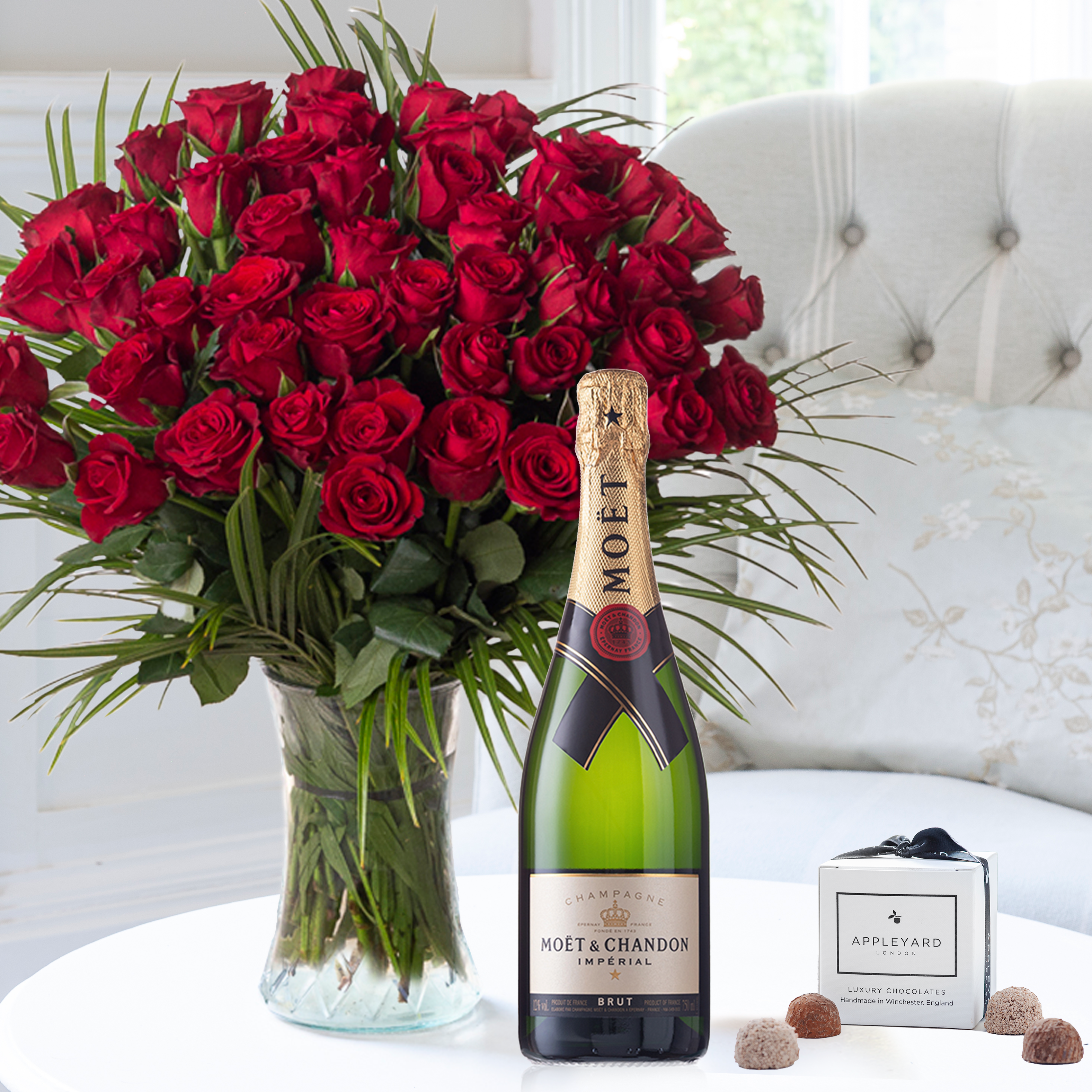 50 Luxury Red Roses, Moët & Chandon & 6 Mixed Truffles