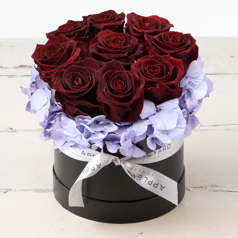 Burgundy Rose & Lavender Hydrangea Hatbox (Lasts Up To A Year)