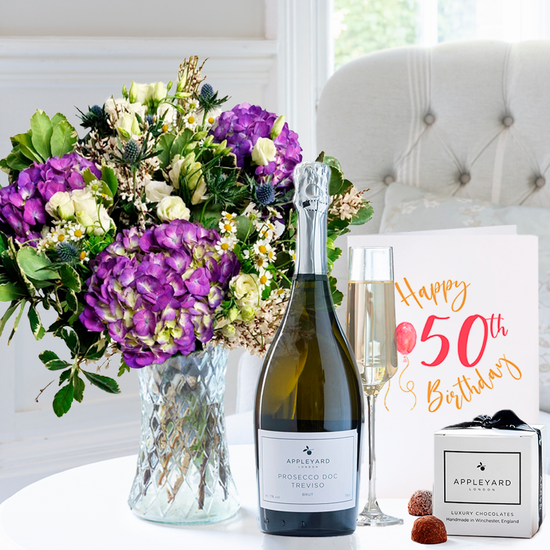 English Meadow, Appleyard Prosecco (75cl), 6 Mixed Truffles. & 50th Birthday Card