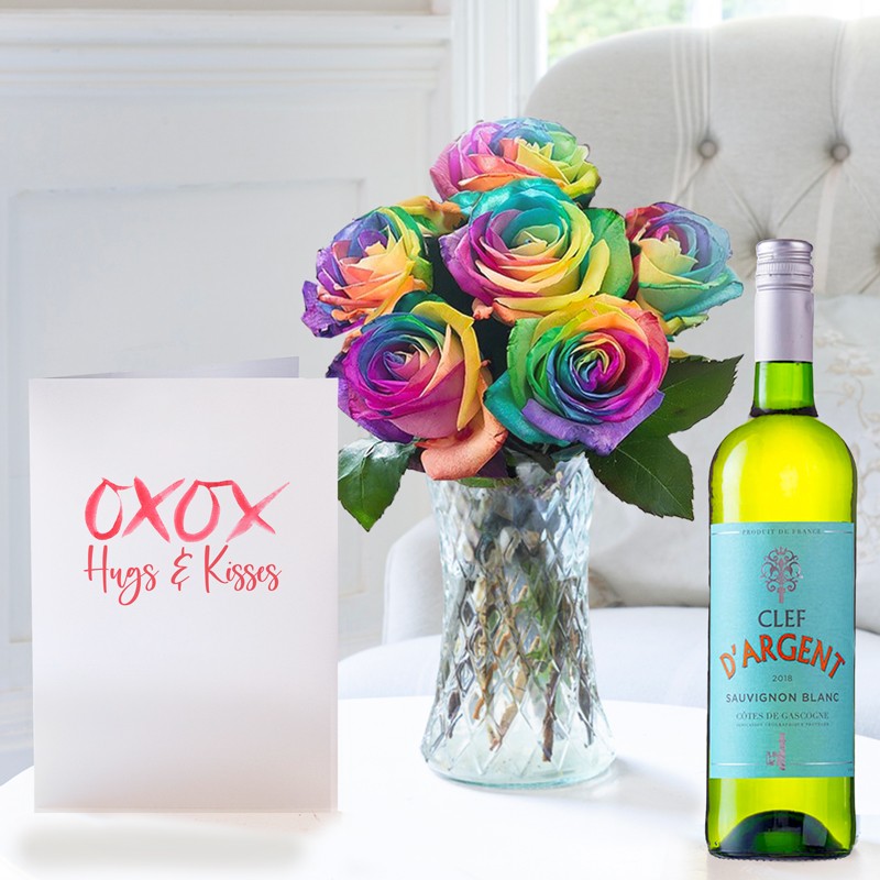 Rainbow Roses, Clef D'Argent Sauvignon Blanc & Romance Card