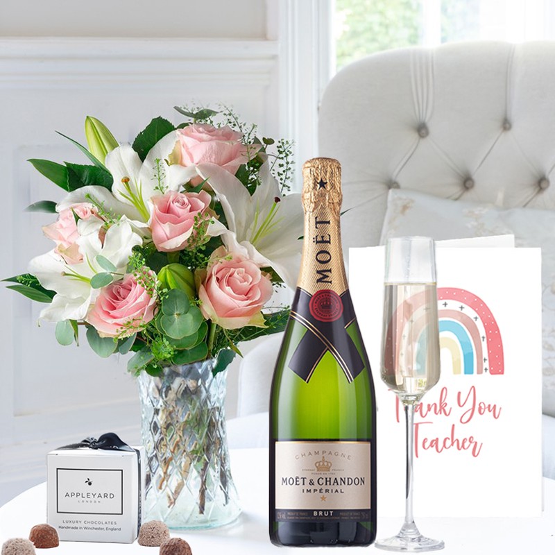 Simply Pink Rose & Lily, Moët & Chandon, 6 Mixed Truffles & Thank You Teacher Card