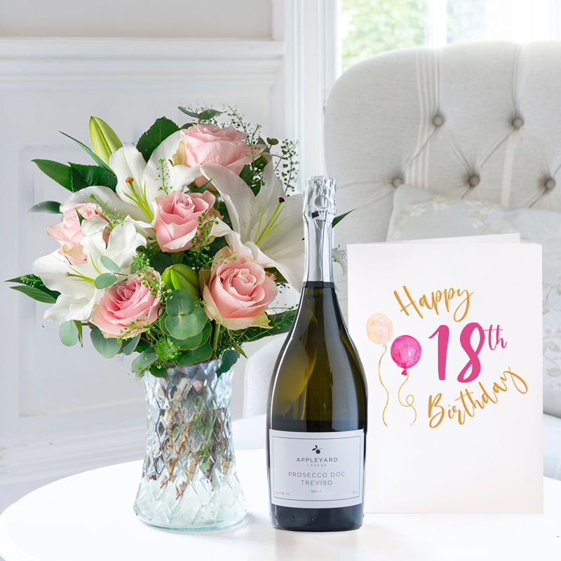 Simply Pink Rose & Lily, Prosecco (75cl) & 18th Birthday Card
