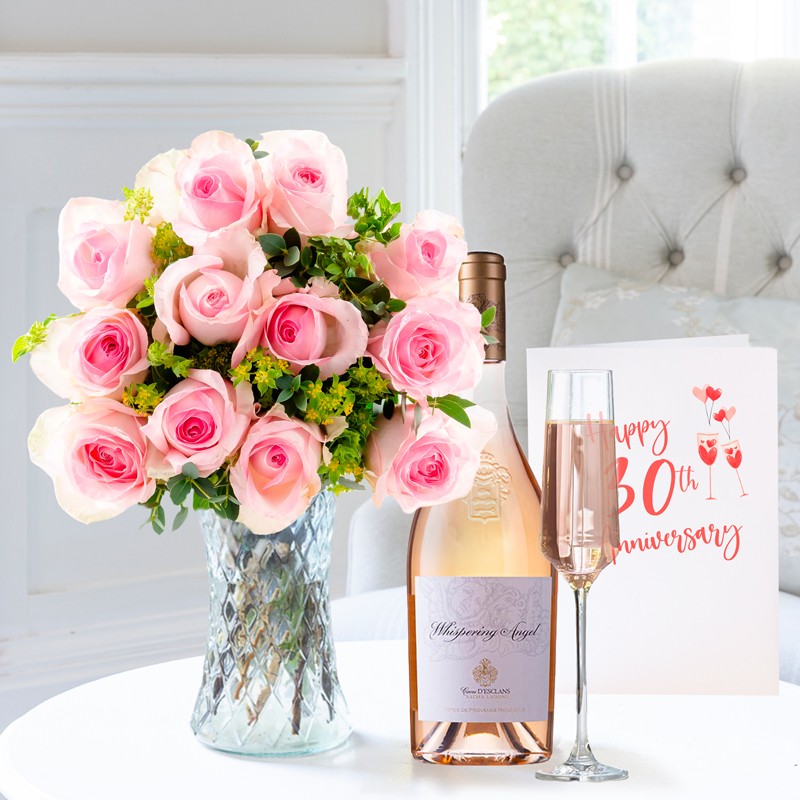 12 Sorbet Roses, Whispering Angel (75cl) & 30th Anniversary Card