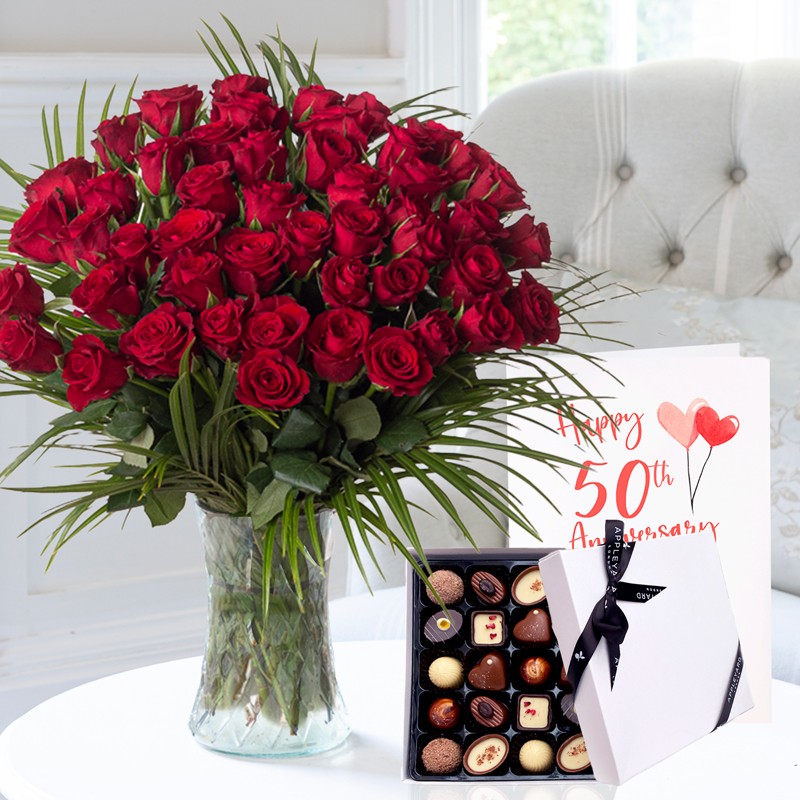 50 Luxury Red Roses, 9 Luxury Chocolates & 50th Anniversary Card