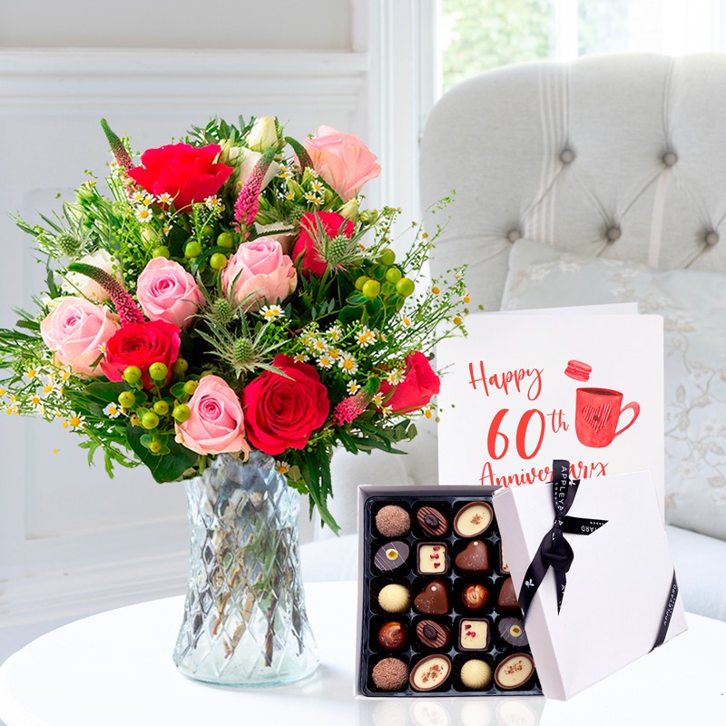 Rose Pearl, 25 Luxury Chocolates & 60th Anniversary Card