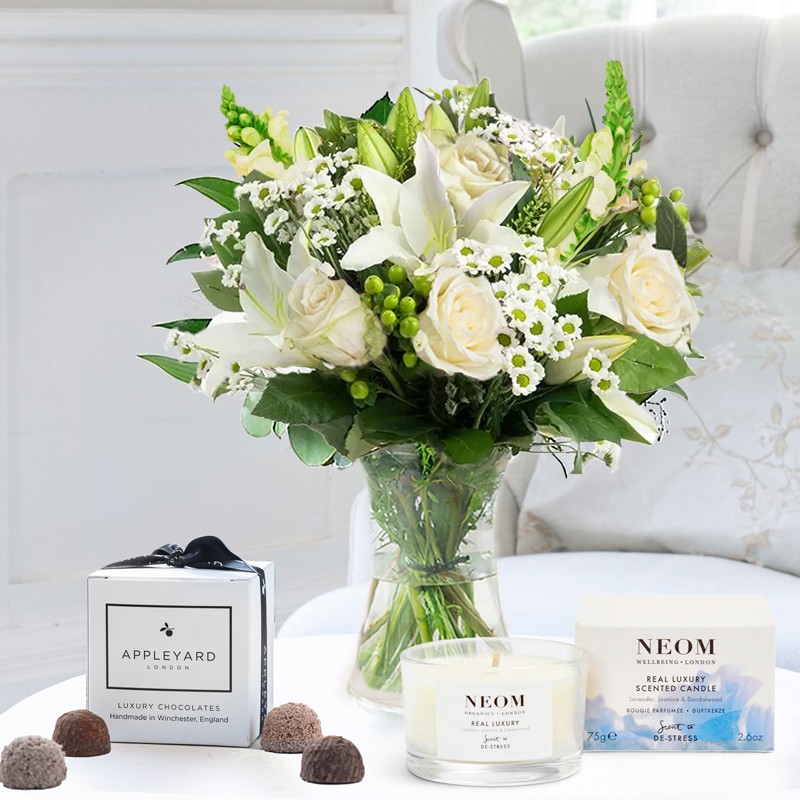 Simply White Rose & Lily, NEOM Real Luxury Candle (75g) & 6 Mixed Truffles