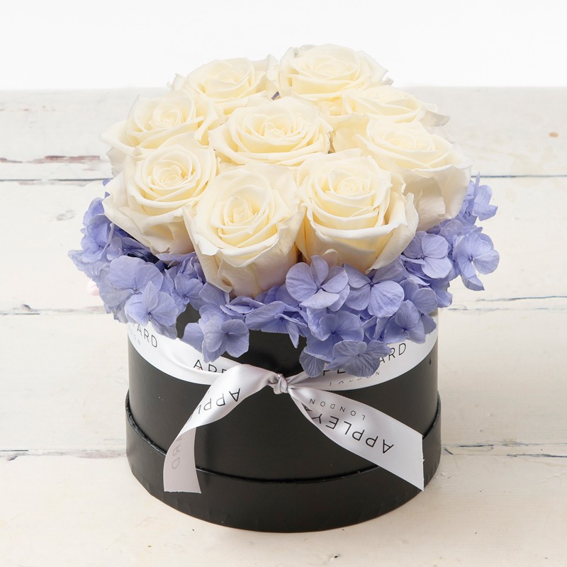 White Rose & Lavender Hydrangea Hatbox (Lasts Up To A Year)