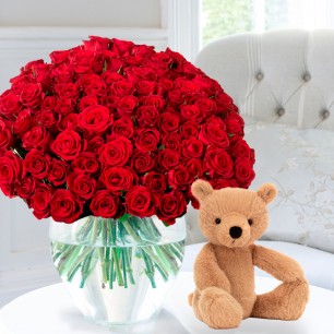 100 Luxury Red Roses & Jellycat® Rufus Bear (29cm)