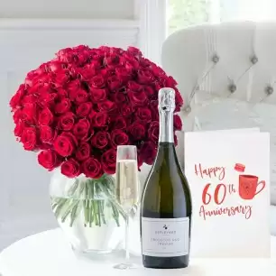 100 Red Roses,Appleyard Prosecco (75cl) & 60th Anniversary Card