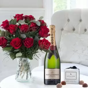 12-24 Large Headed Red Roses, 6 Truffles & Moët & Chandon (75cl)