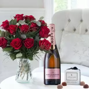 12-24 Large Headed Red Roses, 6 Truffles & Moët Rosé (75cl)