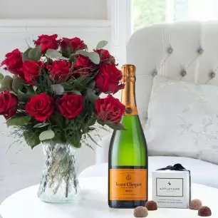 12-24 Large Headed Red Roses, 6 Truffles & Veuve Clicquot (75cl)