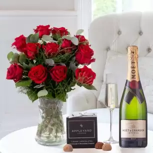 12 Opulent Red Roses, Moët & Chandon & 12 Mixed Truffles