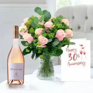Luxury Pink Roses, Whispering Angel (75cl) & 30th Anniversary Card