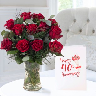 12 Large Headed Red Roses, Vase & 40th Anniversary Card