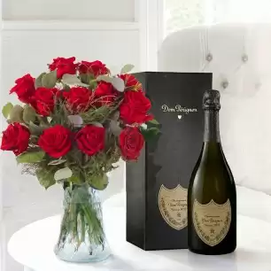 12 Large Headed Red Roses & Dom Pérignon