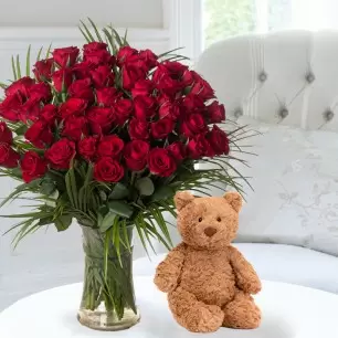 50 Luxury Red Roses & Jellycat® Bartholomew Bear (28cm)