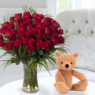 50 Luxury Red Roses & Jellycat® Rufus Bear (29cm)