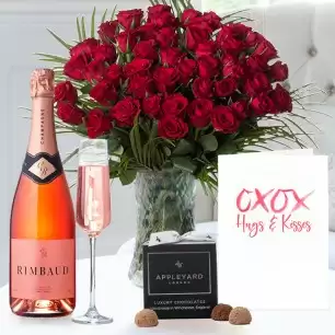 50 Luxury Red Roses,Champagne Rimbaud Brut Rosé (75cl), 12 Mixed Truffles & Romance Card