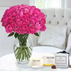 50 Pink Roses, NEOM Happiness Candle (75g) & 6 Truffles