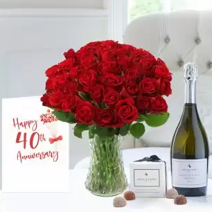 50 Red Roses, Appleyard Prosecco (75cl), 6 Mixed Truffles & 40th Anniversary Card