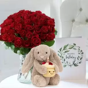 50 Red Roses, Jellycat Birthday Bunny & Birthday Card (31cm)