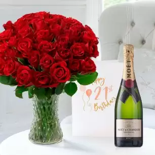 50 Red Roses, Moët & Chandon (75cl) & 21st Birthday Card