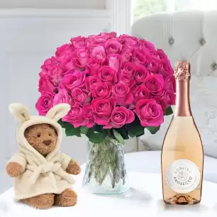 50 Pink Roses, Jellycat Bartholomew Bear Bathrobe (26cm) & Adalina Rosé Prosecco (75cl)