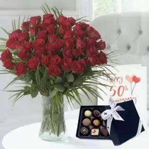 50 Luxury Red Roses, 9 Luxury Chocolates & 50th Anniversary Card