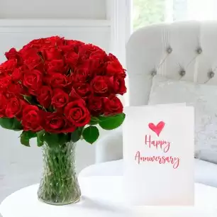50 Red Roses & Anniversary Card