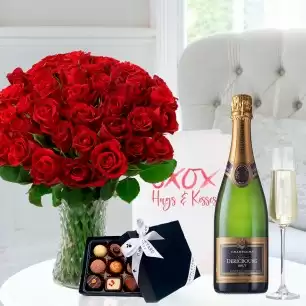 50 Red Roses, Dericbourg Champagne, Box of 9 Chocolates & Romance Card
