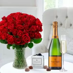 50 Red Roses & Veuve Clicquot & 6 Mixed Truffles