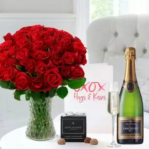 50 Red Roses, Dericbourg Champagne, 12 Mixed Truffles & Romance Card