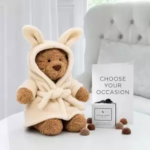 Jellycat Bartholomew Bear Bathrobe 26cm, 6 Mixed Truffles & Occasion Card