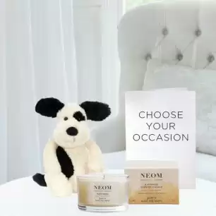 Bashful Black & Cream Puppy (31cm), NEOM Happiness Candle (75g) & Occasion Card