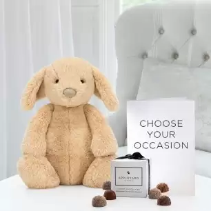 Jellycat Luxe Puppy Orlando (31cm), 6 Mixed Truffles & Occasion Card