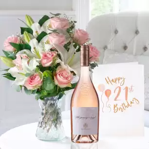 Simply Pink Rose & Lily, Whispering Angel (75cl) & 21st Birthday Card
