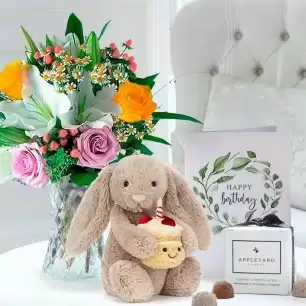 Glaze, Jellycat Birthday Bunny, 6 Appleyard Truffles & Birthday Card (31cm)