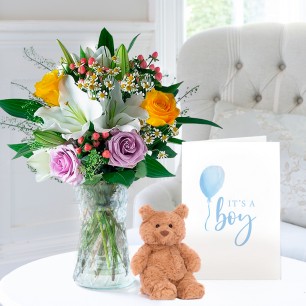 Glaze, Small Bartholomew Bear (16cm), Vase & New Baby Boy Card