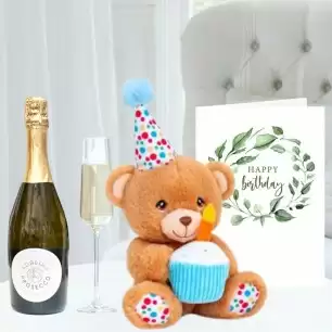 Keeleco Happy Birthday Bear (15cm), Appleyard Prosecco (75cl)  & Birthday Card